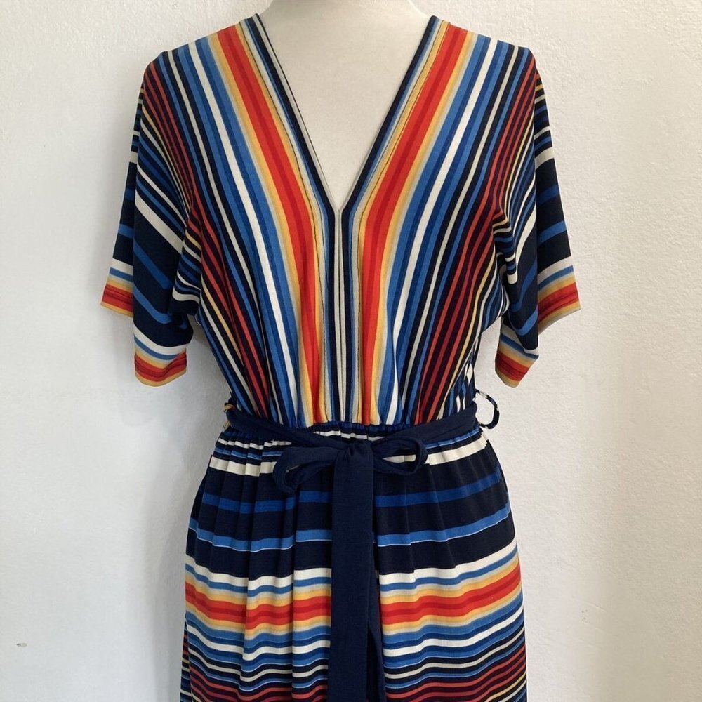 NESLAY L Knit Dress Casual Blouse Retro 70s striped New short sleeves above knee